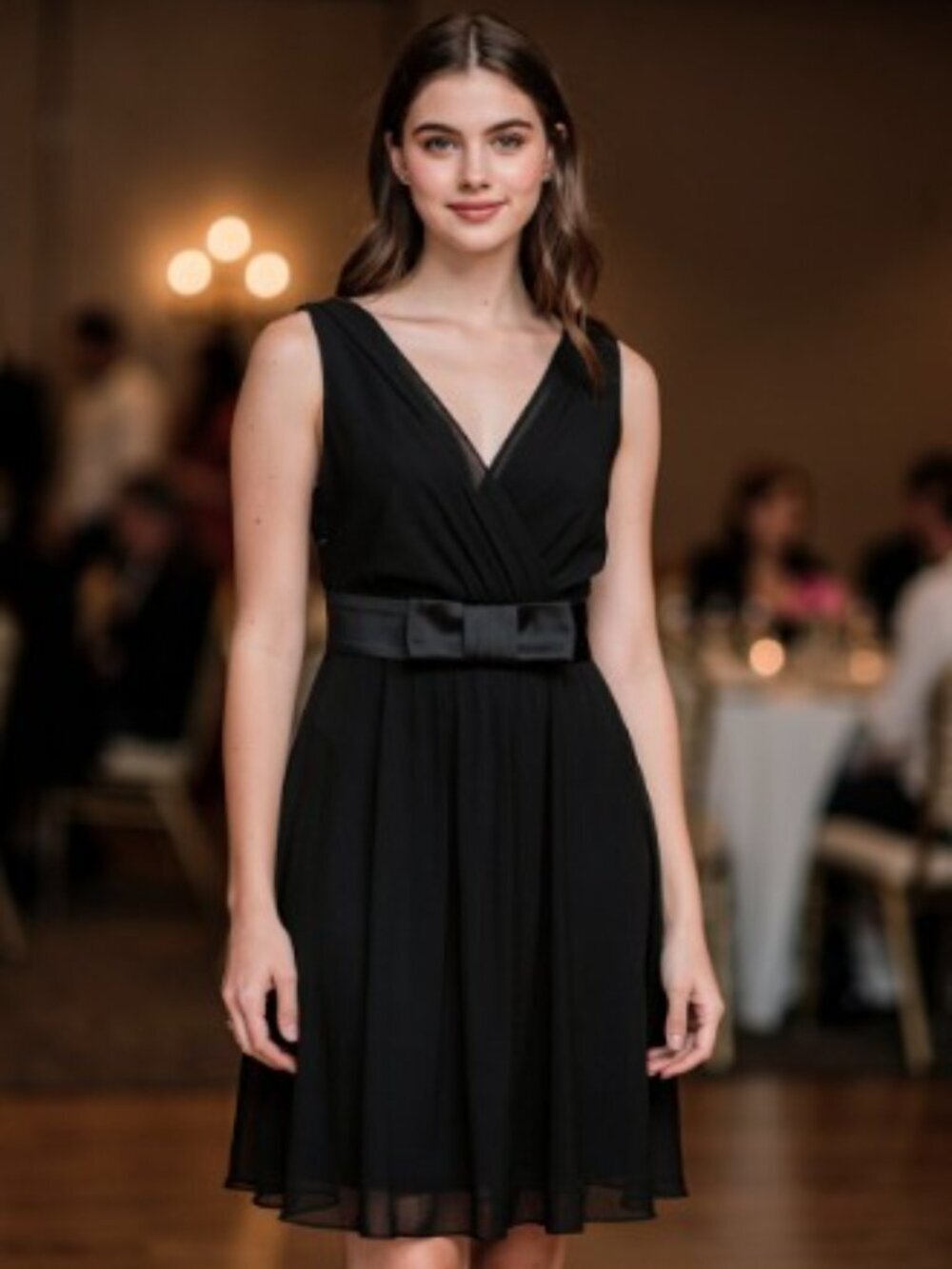 Ann Taylor Black Silk V-Neck Fit and Flare Dress With Decorative Belt & Bow EUC
